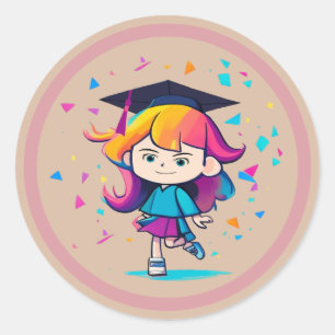 Cute Afstuderen Class 2023 Cartoon Girl Afstuderen Ronde Sticker