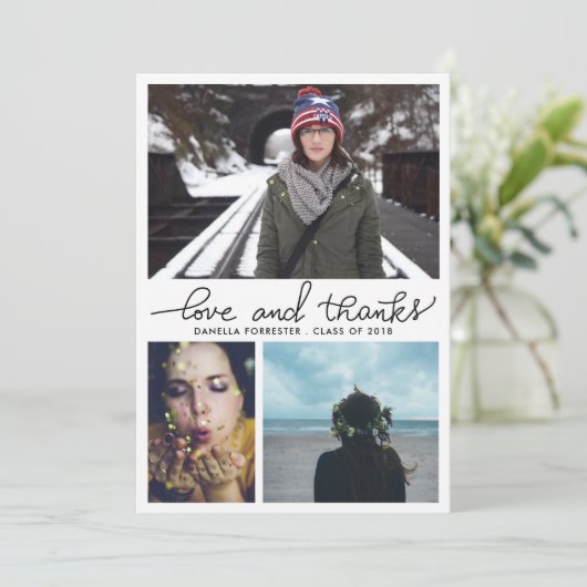 Cute Afstuderen Love and Bedankt Script Three Phot Kaart (Staand voorkant)