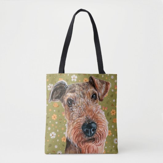 Cute Airedale Terrier en Green Flower Pattern Tote Bag (Voorkant)