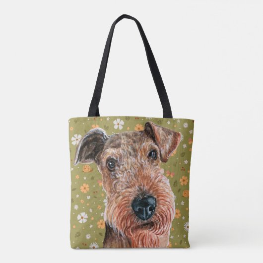 Cute Airedale Terrier en Green Flower Pattern Tote Bag (Achterkant)
