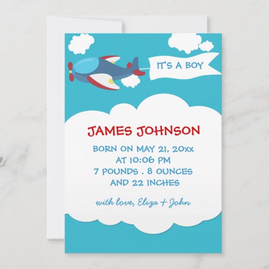 Cute Airplane Boy Baby Birth Notice Card Aankondiging (Voorkant)