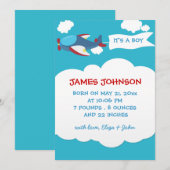 Cute Airplane Boy Baby Birth Notice Card Aankondiging (Voorkant / Achterkant)