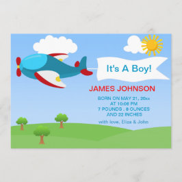 Cute Airplane Boy Baby Birth Notice Card Aankondiging