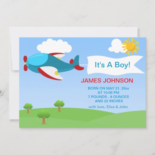 Cute Airplane Boy Baby Birth Notice Card Aankondiging (Voorkant)