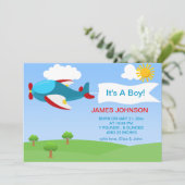 Cute Airplane Boy Baby Birth Notice Card Aankondiging (Staand voorkant)
