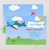 Cute Airplane Boy Baby Birth Notice Card Aankondiging (Voorkant / Achterkant)