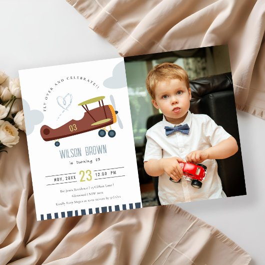Cute Airplane Cloud Heart Photo Birthday Invite Bedankkaart