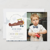 Cute Airplane Cloud Heart Photo Birthday Invite Bedankkaart (Voorkant)