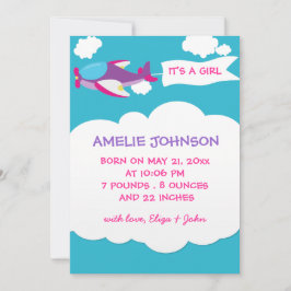 Cute Airplane Girl Baby Birth Announcement Card Aankondiging