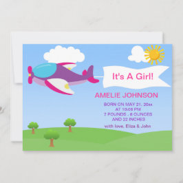 Cute Airplane Girl Baby Birth Announcement Card Aankondiging
