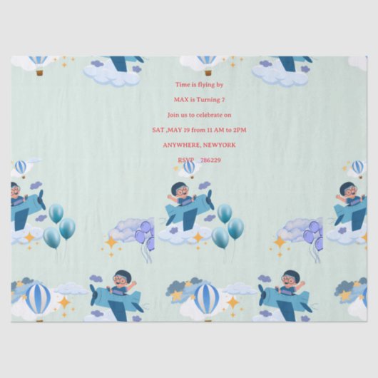 Cute Airplane Kinderen Verjaardagsuitnodiging Tissuepapier (Voorkant)