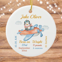 Cute Airplane Penguin Baby Boy Stats Ceramic Ornam