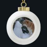cute akita dog kissing snowdog keramische bal ornament<br><div class="desc">This great christmas ornament has a picture of funny snow akita snowman on the front. The snow akita was built just after Christmas in the thick December snow.The snowman akita has a funny expression on his face, but… I think anyone would look like he does if they’d been sitting in...</div>