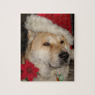 Cute akita dog red santa hat pointsettia kermas legpuzzel