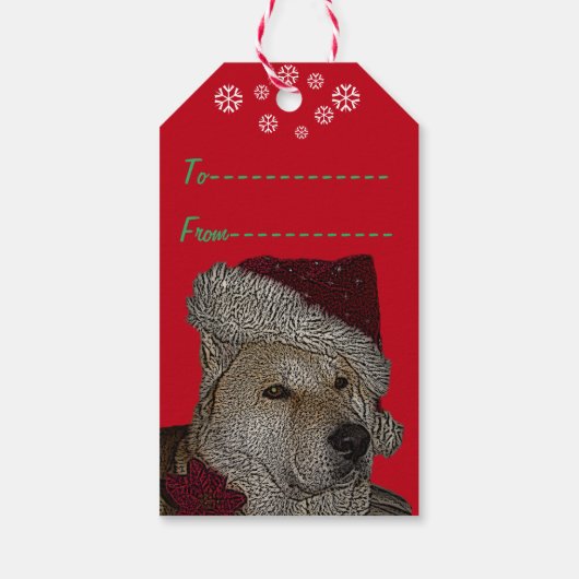 Cute akita in red santa hat kerstdog cadeaulabel (Achterkant)