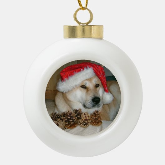 Cute akita in red santa hat met kerstkegels keramische bal ornament (Voorkant)