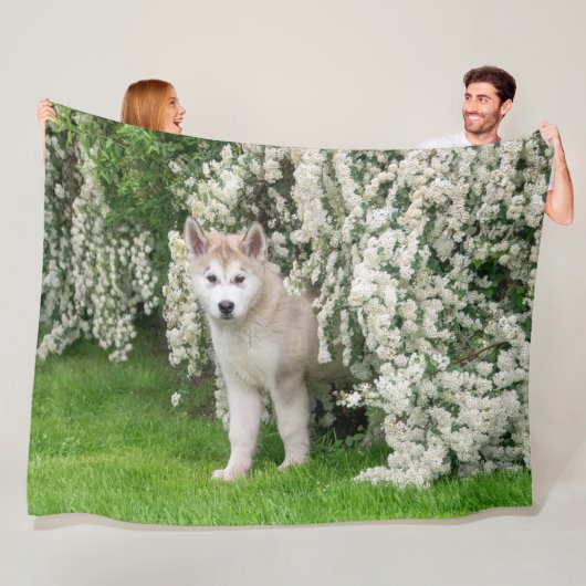 Cute Alaskan Malamute Dog Puppy in Flowers Photo Fleece Deken (In situ)