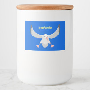 Cute albatros vogel vliegende cartoon illustratie voedselcontainer etiket
