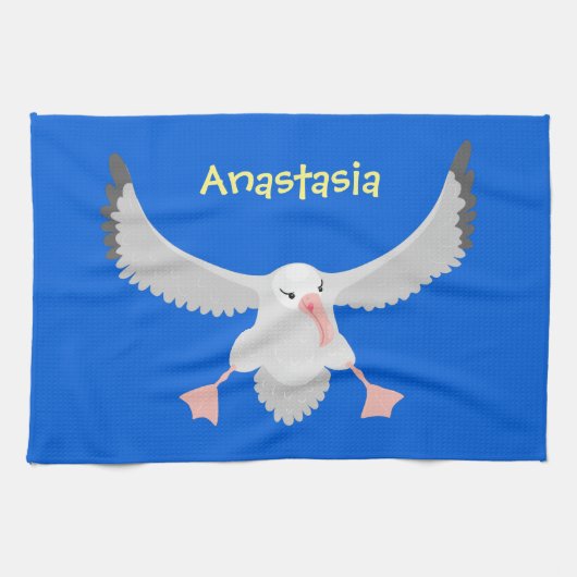 Cute albatross vogelvliegende cartoon illustratie theedoek (Horizontaal)