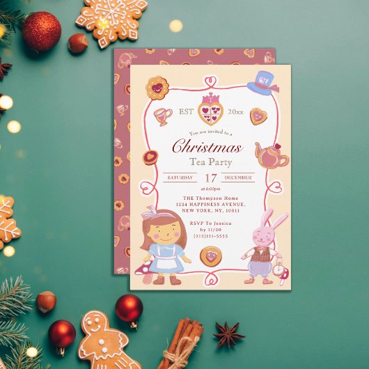 Cute Alice' Creamy Christmas Tea Party Invitation Kaart