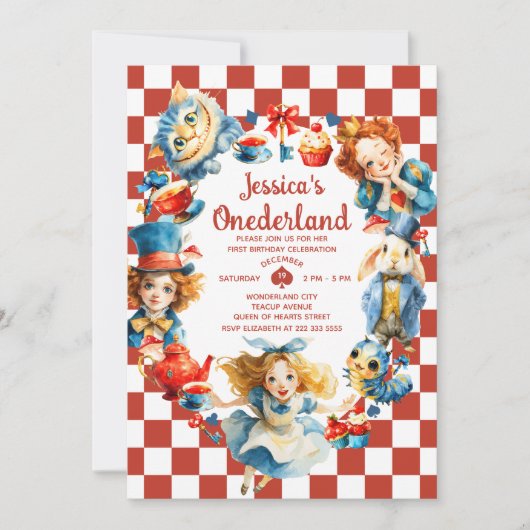 Cute Alice in ONEDERLAND 1st Birthday Tea Party Kaart (Voorkant)
