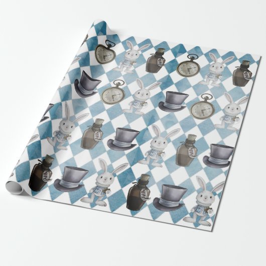 Cute Alice in Wonderland Slate Blue Wrapping Paper Cadeaupapier (Uitgerold)
