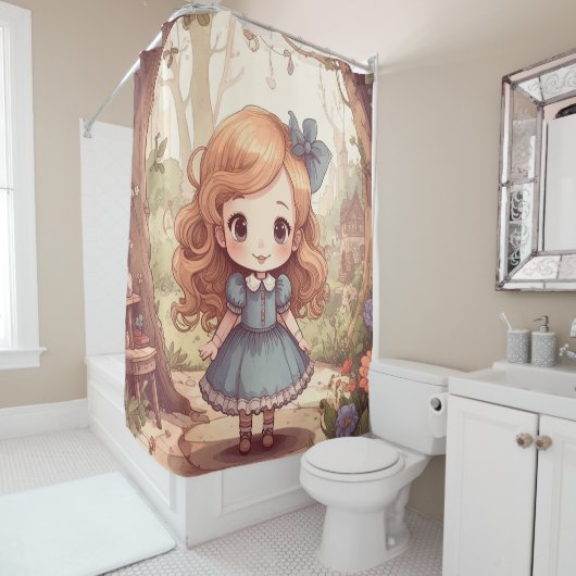 Cute Alice in Wonderland Whimsical Woodland Art Douchegordijn (In situ)