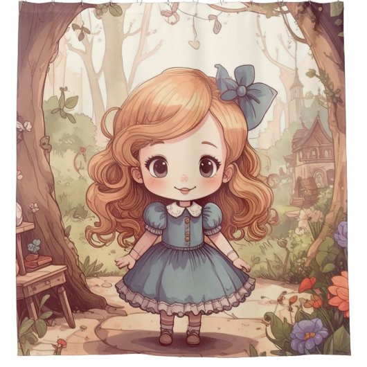 Cute Alice in Wonderland Whimsical Woodland Art Douchegordijn (Voorkant)
