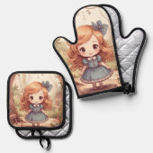 Cute Alice in Wonderland Whimsical Woodland Art Ovenwant & Pannenlap Set (Voorkant / Achterkant)