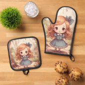 Cute Alice in Wonderland Whimsical Woodland Art Ovenwant & Pannenlap Set (Top down)