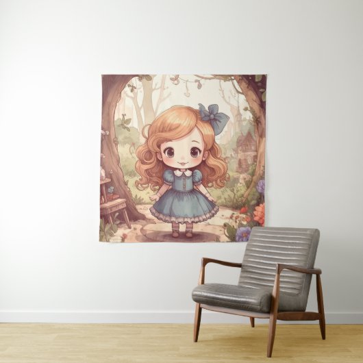 Cute Alice in Wonderland Whimsical Woodland Art Wandkleed (In situ)