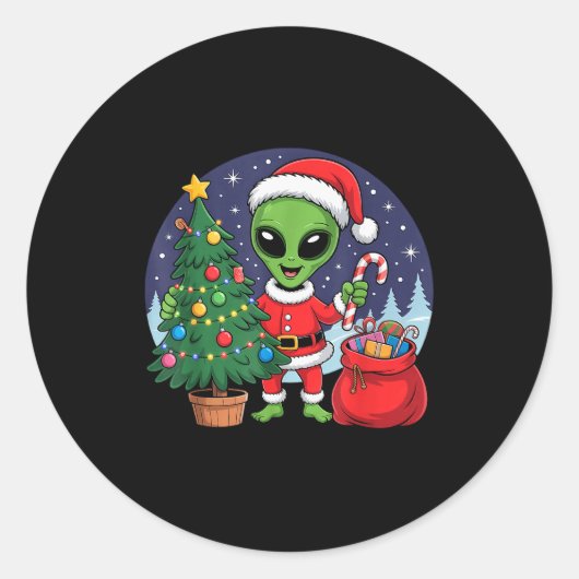 Cute Alien Christmas Tree Lights Xmas Holidays Win Ronde Sticker (Voorkant)