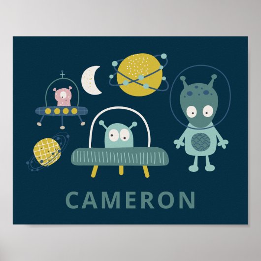 Cute Alien Space Planets Funny Blue, op maat gemaa Poster (Voorkant)