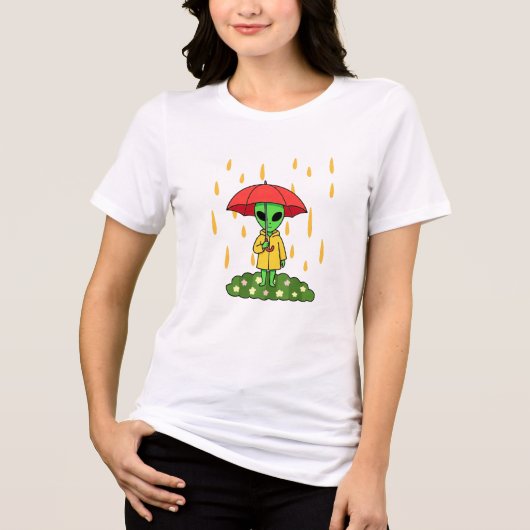 Cute Alien With Umbrella in Rain Kawaii Space Char Tri-Blend Shirt (Voorkant)