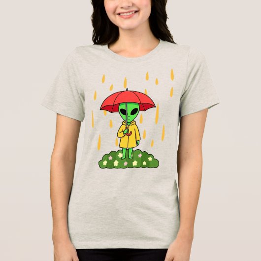 Cute Alien With Umbrella in Rain Space Character Tri-Blend Shirt (Voorkant)