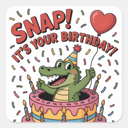 Cute Alligator Birthday Cake Party Design Vierkante Sticker (Voorkant)