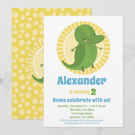 Cute Alligator Croc Birthday Invitation Boy Girl Kaart (Voorkant / Achterkant)