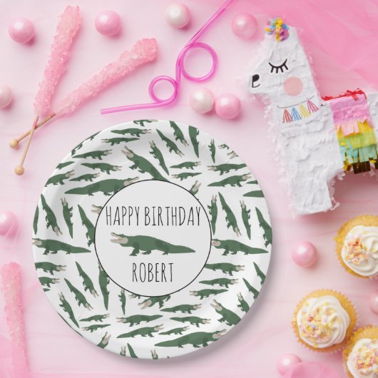 Cute Alligator Crocodile Pattern Custom Name Papieren Bordje (Feest)