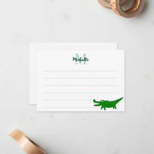  Cute Alligator Drawing Lined Monogram Custom Notitiekaartje (Voorkant / Achterkant in situ)