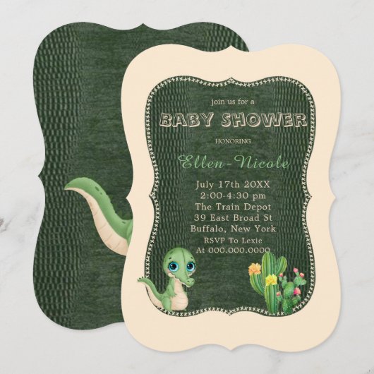 Cute Alligator Groene Cactus Baby Shower Uitnodigi Kaart (Voorkant / Achterkant)