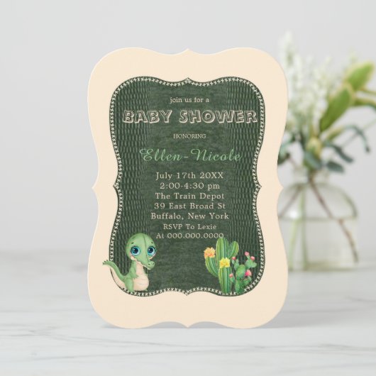 Cute Alligator Groene Cactus Baby Shower Uitnodigi Kaart (Staand voorkant)