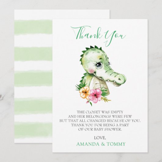 Cute Alligator Hibiscus Baby shower Dank je wel Bedankkaart (Voorkant / Achterkant)