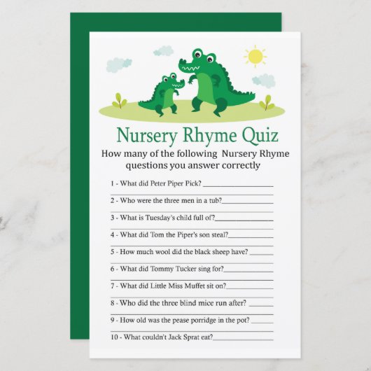 Cute Alligator Nursery Rhyme Quiz baby shower game (Voorkant / Achterkant)