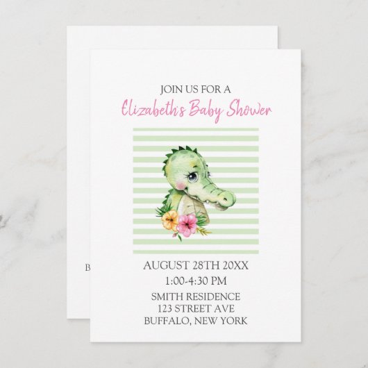 Cute Alligator Waterverf Hibiscus Baby shower in Kaart (Voorkant / Achterkant)