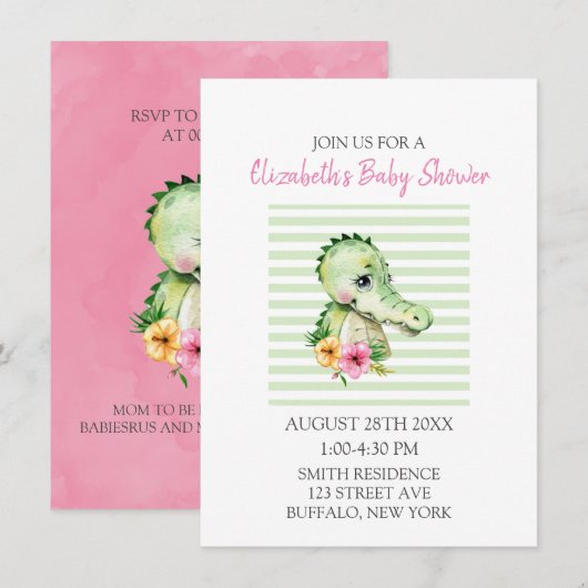 Cute Alligator Waterverf Hibiscus Baby shower Kaart (Voorkant / Achterkant)