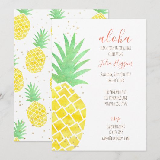 Cute Aloha Tropische Waterverf Ananas met Gold Kaart (Voorkant / Achterkant)