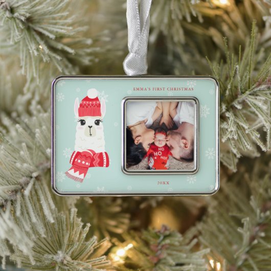 Cute Alpaca Baby eerste kerstfoto Aangepaste foto Verzilverd Omlijst Ornament (Boom)