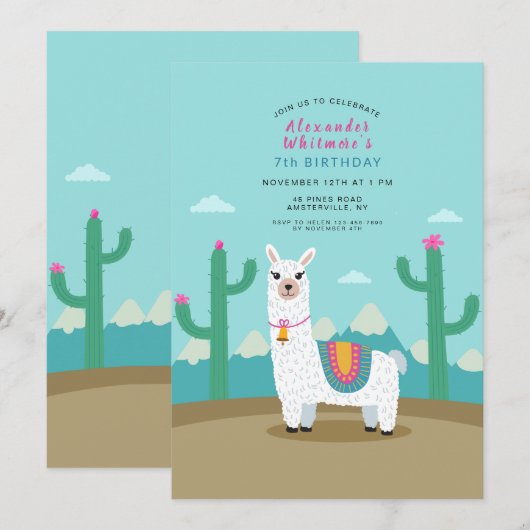 Cute Alpaca Birthday Party Kaart (Voorkant / Achterkant)