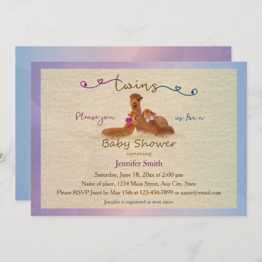 Cute Alpaca Boy Girl Twins Baby Shower Invitations Kaart (Voorkant / Achterkant)
