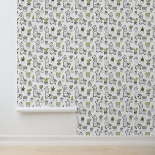 Cute Alpaca & Cactus Pattern Behang